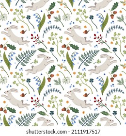 Forest seamless vector pattern with rabbit and florals on white background. Nature wallpaper design 