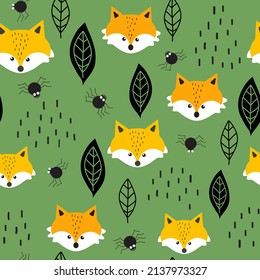 Forest seamless vector pattern. Simple design with fox, leaf and spider on green background. Repeated illustration for fabric, wallpaper, giftwrap design. Eps 10