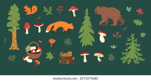 Forest set with animals and plants. Vector illustration. Flora and fauna