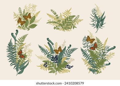 Forest set with compositions with butterflies, leaves, and berries. Vintage botanical bouquets. Vector. Colorful.