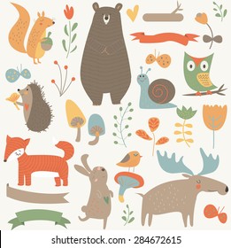 Forest set with cute bear, squirrel, owl, bird, fox, hedgehog, hare,  elk, butterflies, flowers, mushrooms and ribbons in cartoon style