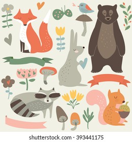 Forest set with cute fox, bear, squirrel, hare, raccoon, flowers, mushrooms and ribbons in cartoon style