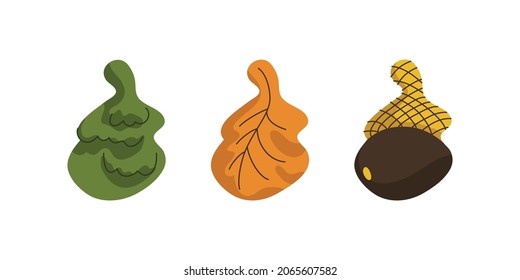 Forest set of elements. Icons in the style of cartoon graphics. Gifts of nature. The same silhouette of different objects
