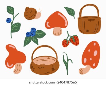The forest set. Mushrooms, berries, baskets, grass, blueberries, raspberries, snail. A set of forest illustrations for children's books, clothes, prints