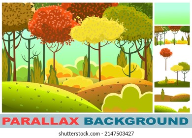 Forest. Set For Parallax Effect. Funny Beautiful Autumn Landscape. Cartoon Style. Leaves. Hills With Grass And Red, Yellow, Orange Trees. Cool Romantic Pretty. Flat Design Illustration. Vector.