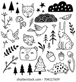 Forest set. Sketch style monochrome collection. Animals: bear, fox, hare, hedgehog. Trees, mushroom, plants and herbs. Cute hand drawn cartoon illustration. Freehand doodle elements