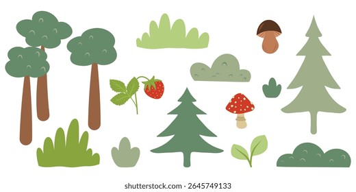 Forest set of trees, bushes, mushrooms, grass, leaves, strawberry. Forest collection. For poster, card, scrapbooking, sticker. Greenery hand drawn vector