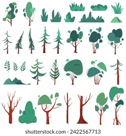 Forest set with trees, shrubs, bushes and tree trunks. Vector clip art illustrations on white background