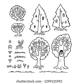 Forest set. Vector hand drawn illustration of tree, fir-tree, bush, grass. Contour coloring for educational activities with children