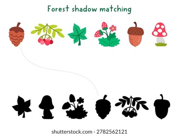 Forest shadow matching activity with cute symbols. Woodland puzzle with traditional plants, fruits. Wildlife find correct silhouette printable worksheet, game with cone, acorn, leaf, berry
