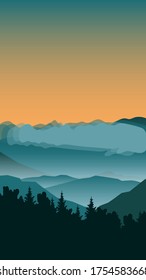 Forest silhouette against the background of mountains and the setting sun