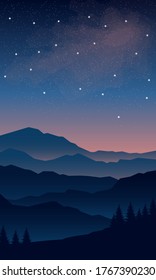 Forest silhouette against the background of mountains and starry sky