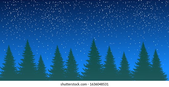 Forest silhouette against the background of the night summer sky with stars. Spruce forest, pine trees in a row. Natural background with place for text. Vector illustration