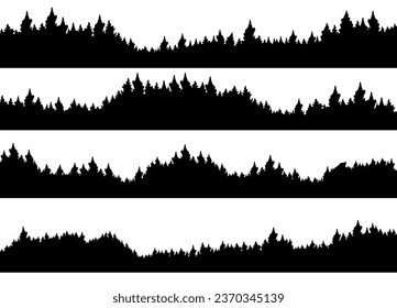 forest silhouette background. forest and trees silhouette. hand drawn pine forest silhouette. Tall Evergreen Forest.