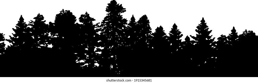 Silhouette de bosque de color negro sobre fondo blanco, árboles diferentes. Elemento gráfico, vector EPS 10. Sin personas, uso comercial.