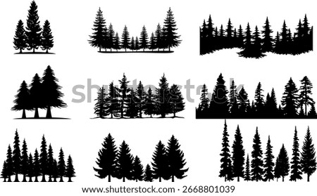 Forest Silhouette Collection | Evergreen Tree Silhouettes for Nature Illustration, Graphic Design Elements, and Outdoor Themed Backgrounds