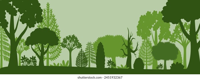 Forest silhouette with different types of trees and bushes. Green city park, outdoor woody plants. Vector illustration.