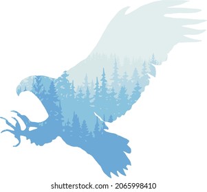 Forest in silhouette of flying bird of pray. Trees, hunting eagle. Blue wild landscape vector illustration. Animal isolated on white background.