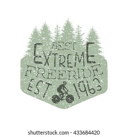 Forest Silhouette Free ride Vintage Label. Black And White Freeride Club Hand Drawn Emblem. Monochrome Retro Vector Designed Stamp.