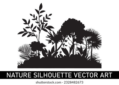 Forest silhouette illustration, Nature silhouette clipart, Nature scenery silhouette, Outdoor nature silhouette.