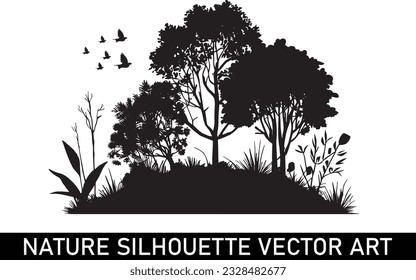 Forest silhouette illustration, Nature silhouette clipart, Nature scenery silhouette, Outdoor nature silhouette.