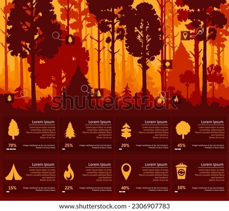 Forest silhouette infographics with nature landscape background of vector pine and spruce trees, grass and shrubs. Ecology infographic percentage graphics, forest tree, camping tent, fire icons