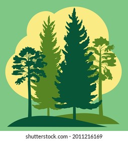 Forest Silhouette. Landscape with coniferous trees. Beautiful green view. Pine and spruce trees. Summer natural scene. Illustration vector
