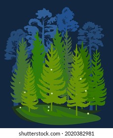 Forest Silhouette. Landscape with coniferous trees. Beautiful night view. Pine and spruce trees. Summer natural scene. Illustration vector