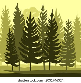 Forest Silhouette. Landscape with coniferous trees. Beautiful view. Pine and spruce trees. Summer natural scene. Illustration vector.