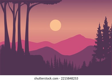 forest silhouette landscape with mountains in the background