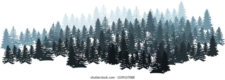 Forest Silhouette Landscape. Сoniferous Forest Panorama. Winter Christmas Forest of fir trees silhouette. Layered trees background. Vector illustration