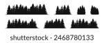 Forest silhouette landscape set. Spruce and pine tree flat black scenery.