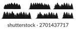 Forest silhouette landscape set. Spruce and pine tree flat black scenery.