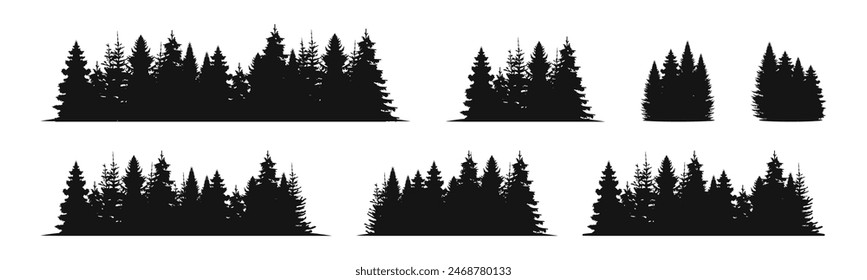 Forest silhouette landscape set. Spruce and pine tree flat black scenery.