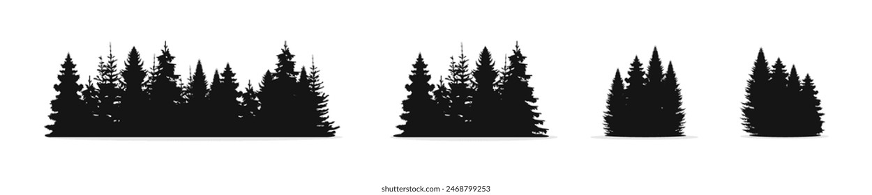 Forest silhouette landscape set. Spruce and pine tree flat black scenery.