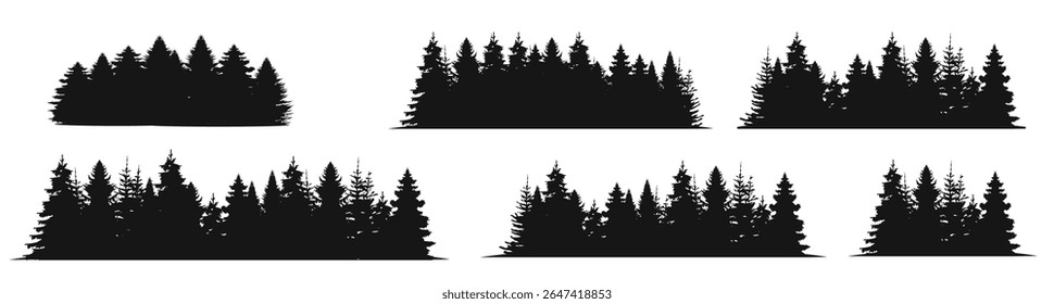 Forest silhouette landscape set. Spruce and pine tree flat black scenery.