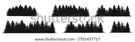 Forest silhouette landscape set. Spruce and pine tree flat black scenery.