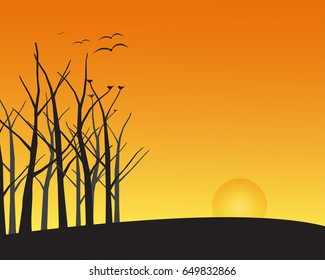 Forest silhouette landscape, sunset background with trees bird hill and sun on orange background 
