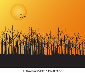 Forest silhouette landscape, sunset background with tree bird and sun on orange background 