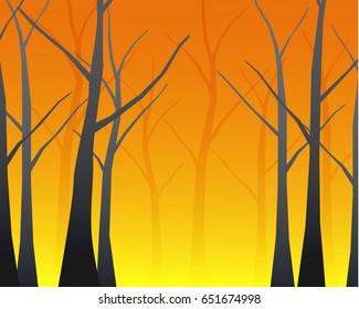 Forest silhouette landscape, sunset background with tree, orange color tone