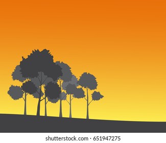 Forest silhouette landscape, sunset background with tree and hill on orange background 