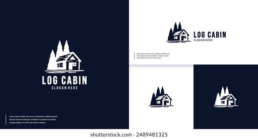 forest silhouette logo, wooden house, vintage style, logo design illustration.