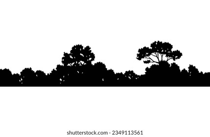 Forest silhouette, natural wild landscape. Editable vector foreground of woodlands. Tees black silhouettes, detailed illustration