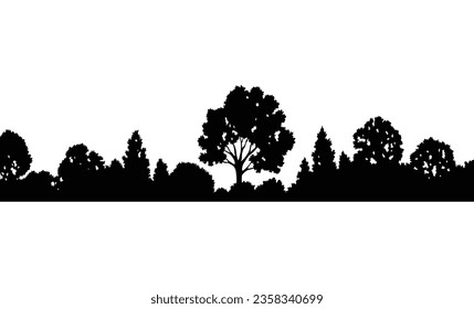 Forest silhouette, natural wild landscape. Editable vector foreground of woodlands. Tees black silhouettes, detailed illustration