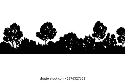 Forest silhouette, natural wild landscape. Editable vector foreground of woodlands. Tees black silhouettes, detailed illustration