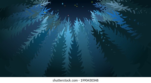 Forest silhouette scene. Bottom up view. A dark clearing among the trees. Landscape with tall plants. Beautiful view. Pines and spruces. Night nature. Illustration vector