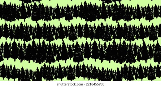 Forest silhouette seamless pattern on a light green background. Christmas trees in a row in hand-drawing style. Vector illustration with simple trees for decoration and cover printing.