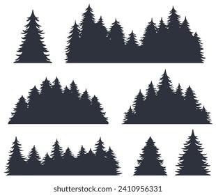 Forest silhouette set for emblem and logo. Wild trees or nature landscape of woods for outdoor, travel or trip camping