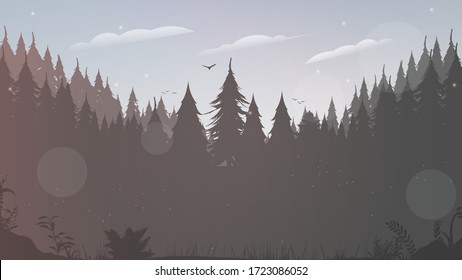 Forest silhouette. Silhouette of trees and birds. Background for text. Vector.