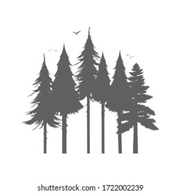 Forest silhouette. Silhouette of trees and birds. Isolated on a white background. Vector.